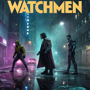 DVD cover art for 'Watchmen'. Pulsating neon lights, gritty urban setting. Central characters in dynamic poses, reflecting action and mystery. Dark, moody atmosphere with futuristic elements.