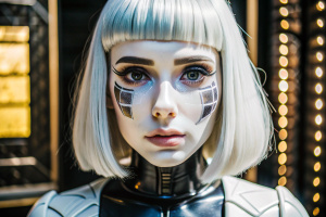 Create JOI, a holographic assistant based on JOE's girlfriend from the movie "Blade Runner 2049". She is looking at the camera, has completely black eyes including her eye sockets, pinkish white skin, artificial blue hair with a short wig up to 2 fingers below the back of the head. She has a hologram appearance and is in a futuristic city with flying cars. She looks seductively at the camera and places her hand directly on her chin to support her jaw.