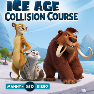 Promotional artwork for Ice Age Collision Course featuring Manny, the woolly mammoth, Sid the sloth, Diego the sabre-toothed tiger, and other beloved characters. The poster invites viewers to take a quiz and follow the movie's social media accounts.