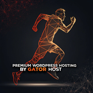 Dynamic ad for Gator Host's Premium WordPress Hosting. Silhouette of runner composed of lines. Dark background with bold text.