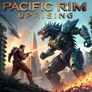 Digital art for Pacific Rim: Uprising movie poster. Depicting intense Kaiju battle. Vibrant colors, intricate patterns, mix of English and East Asian text.
