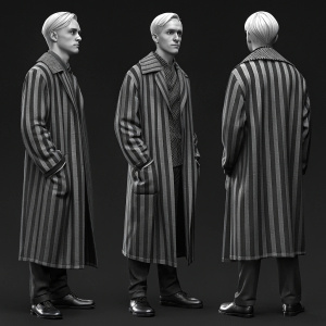 Digital illustration of Draco Malfoy in various perspectives. Black and white 3D render highlighting his striped robe pattern and silhouette.