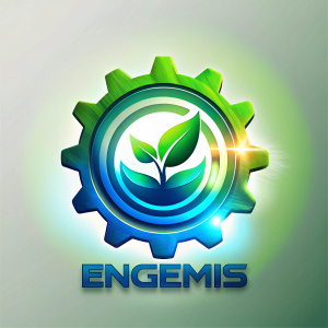Logo Concept: un engranaje con una hoja en su interior y un rayo de luz o chispa, colores verdes y azules, con una tipografía moderna y limpia con fondo blanco. INCLUIR NOMBRE ENGEMIS