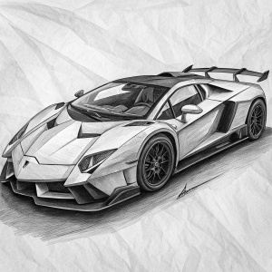 A sketch of Lamborghini Veneno Roadster. Detailed black and white illustration highlighting the car's smooth curves and aggressive stance. Rough paper texture background.