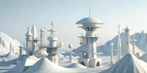 White illustration, Wes Anderson aesthetics style, 
collage of many complex metal steely architectures with lighthouse, the bigest ocean and more huge sky, gain paper