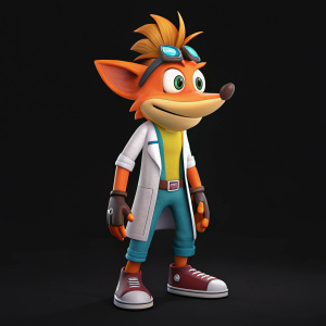 A colorful 3D render of Crash Bandicoot 4: It's About Time. Featuring a lab assistant character with a simple, stylized design. Set against a stark black backdrop