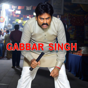 Movie poster for 'Gabbar Singh'. Pawan Kalyan in intense pose. Vibrant color scheme. Busy market scene backdrop. Dramatic
