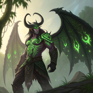 Illidan Stormrage, the demonic avatar, stands against the light, green runes glowing menacingly on his skin. His fierce appearance, complete with horns and dark aura, contrasts sharply against the serene, natural background.