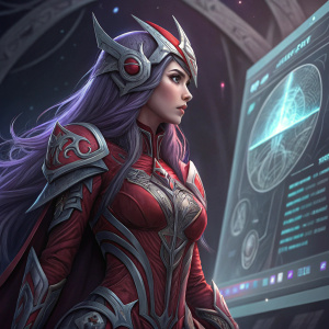 A character concept art featuring Irelia from League of Legends. Fantasy-themed outfit with detailed red and gray design. Long purple hair, standing in front of a digital interface screen. Dark, digital background.