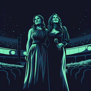 Salma Hayek and Idina Menzel, dressed in black, at a charity gala. The event features a large stage with speakers and microphones in the background.
