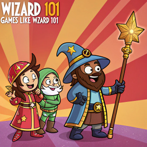 In the vibrant world of 'Wizard 101', a group of characters, each uniquely dressed and accessorized, come to life. The color scheme dazzles with a mix of bold and bright tones. The game's title and 'Games Like Wizard 101' are displayed in a fun and whimsical font at the top. The cartoonish style, with its exaggerated features, creates a joyful and playful atmosphere.