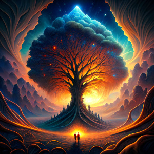 the tree of the knowledge of good and evil between hell below and heaven above, its roots and branches in the form of signal pathways in electronics