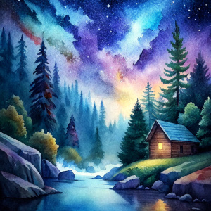 stary midnight sky in the forest with a log cabin near waterfall