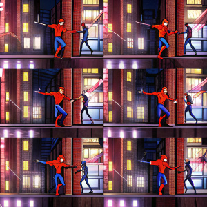 Action scene featuring Spider-Man and MJ, depicted in sequential comic panels showcasing dynamic poses and movements.