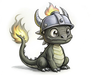 A coloring book page, white background,a cute, slightly humanized dragon with a powerful flame coming out of his mouth, wearing a fireman's helmet , simple and linear ink drawing, lineart, clipart, black and white illustration.