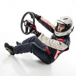 Ty Dillon in a dynamic racing pose, against a stark white backdrop. High-definition photograph