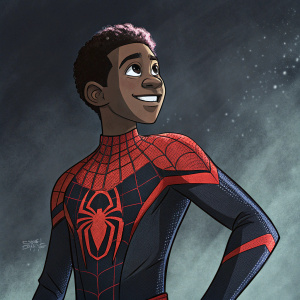 Digital illustration of Miles Morales, Spider-Man from the Spider-Verse. Smiling confidently. Dark, textured background.