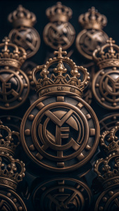 Escudo real Madrid 3d en fondo blanco, rodeado de 15 champions