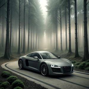 Audi r8 in a foggy black white aesthetic forest road