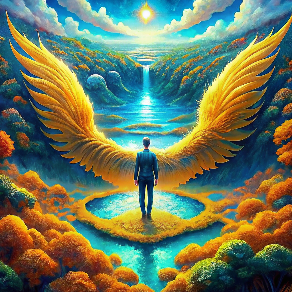 an overhead view of a man standing at the edge of a pond. the pool reflects the man, but the man's reflection on the pond shows him with wings cosmic