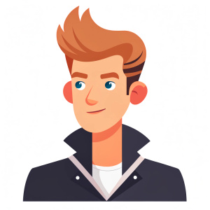 a  young man brown hair with a vanilla ice hairstyle in a leather jacket grey eye