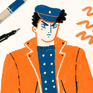 Sketch of Jotaro Kujo from JoJo's Bizarre Adventure, intense expression, white paper background, pens nearby