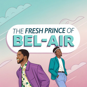 Promotional artwork for 'The Fresh Prince of Bel-Air' reboot. Digital illustration with a pastel color scheme and modern, sleek font for the title. Characters are rendered in a clean, cartoon style.
