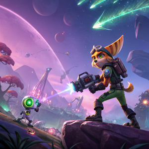 A vibrant digital artwork featuring Ratchet and Clank from 'Ratchet & Clank: Rift Apart'. Set in a futuristic battlefield, the scene combines organic and mechanical elements with cosmic aesthetics and a palette of vivid hues including purple, green, and metallic tones.