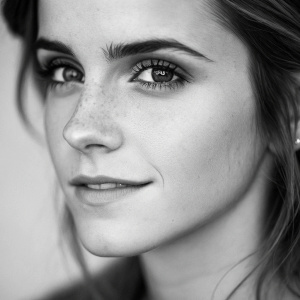 Close-up black and white portrait of Emma Watson. Detailed facial features