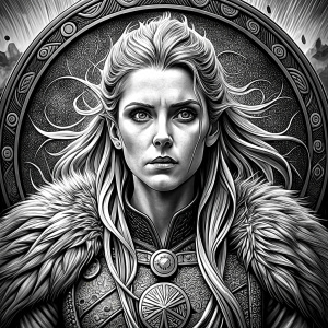 shieldmaiden perfect realistic art, high-definition, high-definition grey and black, white background 