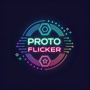 Futuristic logo design for Proto Flicker. Neon colors, digital aesthetics, abstract shapes and lines, central focus