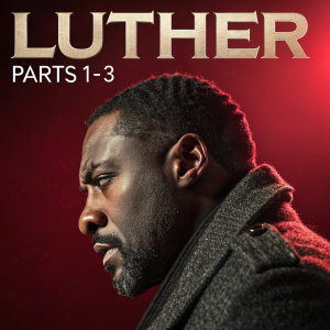 Close-up promotional poster for BBC's Luther. Idris Elba's intense profile in dramatic, moody lighting. Deep red background. Text reads: 'Luther - Parts 1-3'