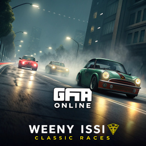 Promotional poster for GTA Online: Weeny Issi Classic Races. Eye-catching design with dynamic action scene. Dark background with highlighted banner at bottom.