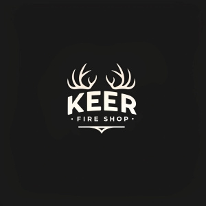 Modern logo for Keer Fire Shop. White text 'Keer' with deer antlers above. 'FIRE SHOP' below. Clean, sleek design on black background.