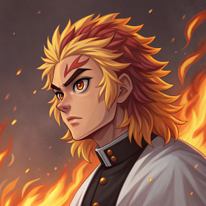 Digital painting. Kyojuro Rengoku from Kimetsu no Yaiba. Determined expression, fiery aura and background, close-up