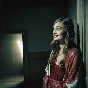 Bella Heathcote, actress, standing alone in a dimly lit studio. She has long wavy hair and a subtle, elegant smile.