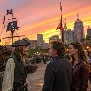 A bustling cityscape at sunset. Johnny Depp, Orlando Bloom, and Keira Knightley stand alongside producer Jerry Bruckheimer in front of a pirate-themed set.