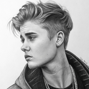 Graphite pencil sketch of Justin Bieber, showcasing intricate details and shading. Depicting a solemn, thoughtful expression. The black and white palette emphasizes the texture and depth. Created as a fan tribute or promotional artwork.