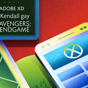 Twitter screenshot. Adobe XD's post highlights Kendall Gay's personal project. Vibrant red background, detailed app design interface for Avengers: Endgame. Text visible.