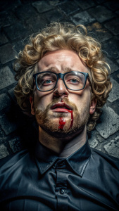 Photorealistic, full body portrait, gagged ugly man, blonde short hair, curly, old glasses,  lying,  45 years old, short  hair, scared, injured, crying,  ugly black outfit, dark street, full body, 32k, ultra realistic, best quality, blood, short hair