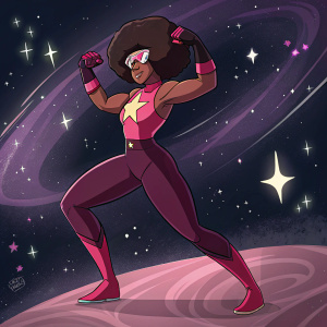 Garnet from Steven Universe striking a powerful pose. Muscles flexed, determined expression. Dark, cosmic background with stars and galaxies swirling around.