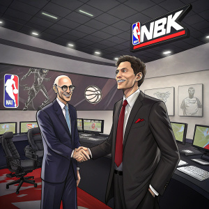 Adam Silver and Strauss Zelnick in a formal conference room. Surrounded by monitors displaying NBA 2K eLeague logos and graphics. They shake hands in front of a professional sports-related atmosphere.