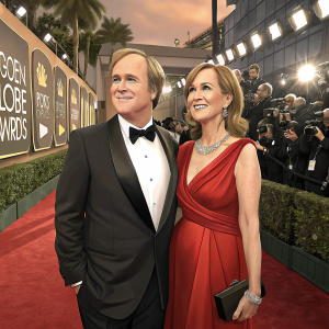 Brad Bird and Elizabeth Canney at the Golden Globe Awards. Formal attire, red carpet setting.