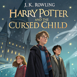 Book cover for J.K. Rowling's 'Harry Potter and the Cursed Child'. Illustration features Harry, Hermione, and Ron in the magical world.