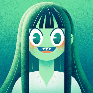 Digital illustration of Nagatoro Hayase. Anime style, exaggerated facial features, playful smile, sharp teeth, blushing, mixed emotions. Long dark hair with fringe. Textured blue background
