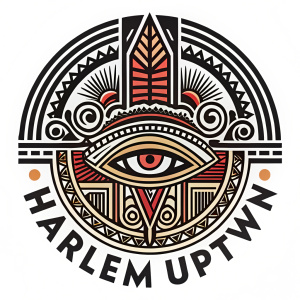 Stylized Harlem Uptown logo. Featuring intricate art elements inspired by the Harlem Renaissance, with a unique eye symbol, lines, shapes, and patterns.