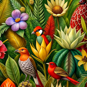 exotic orange craft paper with  purple -red  exotic fantastic birds   and  yellow exotic flowers  and white  wild flowers ,flame  sweet paes, red  artichokes ,gladiolus 