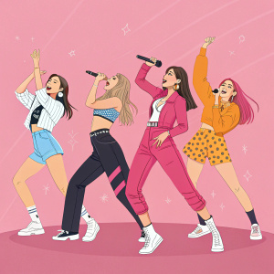 Illustration of Blackpink members in dynamic, stylized poses. Bright pink background. Energetic and confident tone.