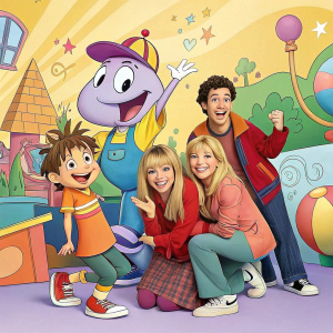 The Lizzie McGuire cast at a lively animation-themed event. Brightly colored cartoon background, posing together