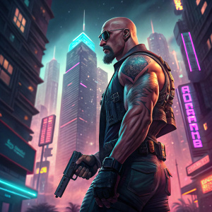 Illustration of Dwayne Johnson, muscular figure, bald head, goatee, standing fiercely with a handgun, cyberpunk cityscape background.